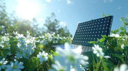 Solar panel placed on grass surrounded by white flowers and green leaves under sunlight. Background - blue sky with clouds. There is an open laptop in front of him.