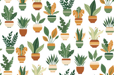 Vector pattern with flat hand drawn house plants in various pots on a white background. Greenhouse. and interior decoration Texture with greenery in flowerpots for wrapping paper, wallpaper. - 767890690