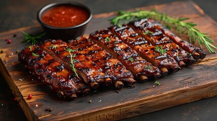 Fresh Barbecue beef spare on a wooden board loin ribs St Louis cut with a big space for text or product and top view, Generative AI.