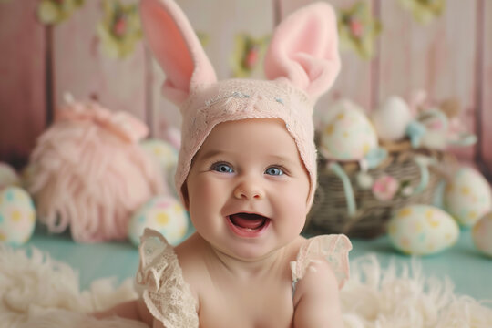 Smiling baby girl wearing bunny ears with Easter eggs and soft pastel decor.