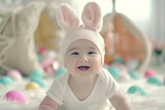 Joyful baby in bunny ears with Easter eggs around.