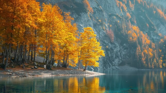 Yellow autumn trees on the lake shore in the Alps.