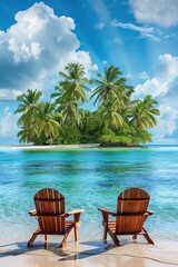 Chairs on a tropical beach with palm trees on a coral island. Relaxing under a palm tree on remote beach. Mockup. Relaxing under palm trees. - obrazy, fototapety, plakaty