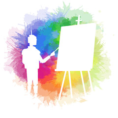 Vector illustration of artist robot silhouette with an easel on watercolor rainbow splashes. Exploring creativity with artificial intelligence. Techno creativity. Cyborg creator.
