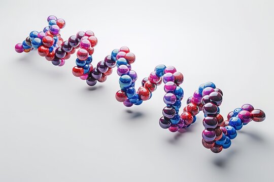 Front and side views of a pill-filled model of a DNA molecule set against a white background and space for text, Generative AI.