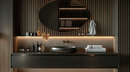 The bathroom is dark wood with an oval mirror, shelves and a black sink in the center. Soft lighting that highlights details such as bronze accents and concrete textures for a luxurious feel.