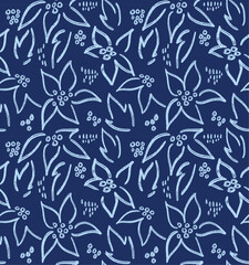 Blue floral seamless pattern. Free hand drawing of flowers and foliage.