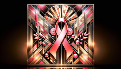 Breast cancer awareness pink ribbon, geometric patterns, metallic textures, and floral accents against a radiant backdrop. - obrazy, fototapety, plakaty