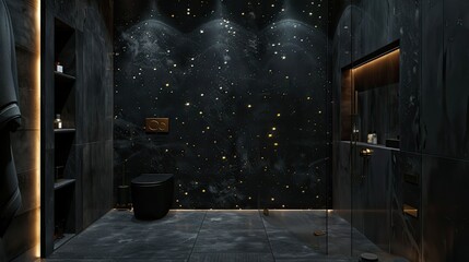 modern minimalist bathroom with dark walls and floor, black tiles, golden light along the edges of the walls, golden lights, night sky effect on the ceiling, starry night sky, black toilet.