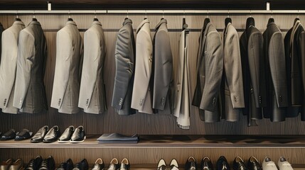 Close-up of a closet: a variety of men's suits and trousers neatly arranged on shelves. The focus is on neutral tones such as gray or beige for both jackets and trousers.