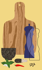 Kitchen accessory designs display. Includes chopping board, pestle and mortar, pepper and salt dispenser.