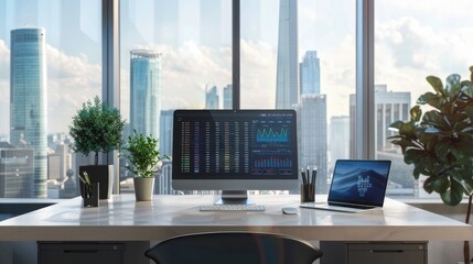 Modern office desk with a computer showing financial data on the screen in the form of graphs or charts. The backdrop is a view of the cityscape through large windows.