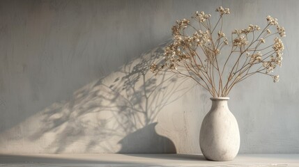 Dried flowers in a ceramic vase on a table on a gray wall background. Minimalist home interior design for a modern living room with soft effects of light and shadow. Bright daylight.