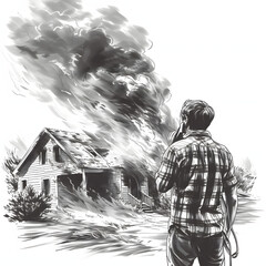 A concerned neighbor calling 911 after noticing a fire isolated on white background, sketch, png
