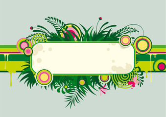 Cartoon decorative banner in flat vegetable style in shades of green colors with plants, flowers and colorful abstract shapes. Vector illustration