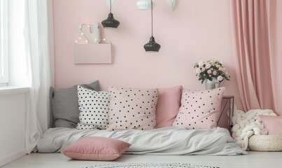 Teenager soft pink color room with black elements