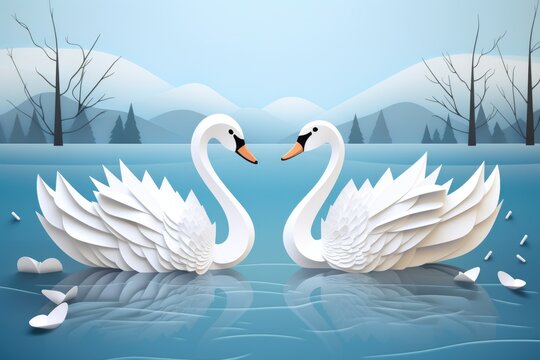 swan couple on the lake paper art illustration
