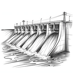 Hydroelectric dam generating power from flowing water isolated on white background, sketch, png
