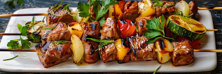 A white plate is filled with succulent skewered meat and assorted vegetables, showcasing a delicious and visually appealing meal option. - obrazy, fototapety, plakaty