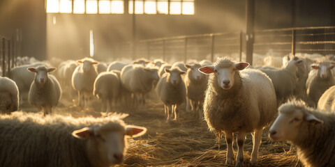 Sheep and lambs in the barn.Farm animals, agriculture and rural landscape. 