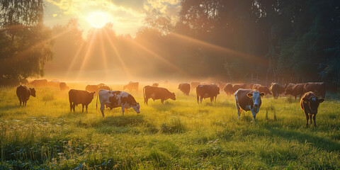 Cows and cattle grazing in the pasture in sunny day. Farm animals, agriculture and rural landscape.  - obrazy, fototapety, plakaty