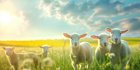 Sheep and lambs grazing on the green grass.Farm animals, agriculture and rural landscape. 
