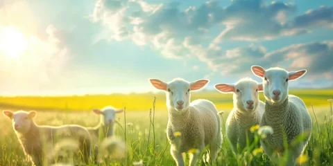 Photo sur Plexiglas Jaune Sheep and lambs grazing on the green grass.Farm animals, agriculture and rural landscape. 