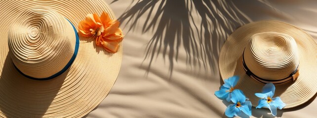 Summer background with beach hat and  palm tree leaves on a sunny day