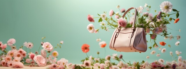 Pastel background with bag in the air and flowers