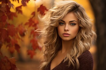 Attractive blonde hair woman against a fall autumn ambience background, background image