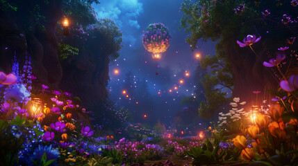 Fototapeta na wymiar Night scene in a fairytale Easter forest lit by lanterns, bunnies, glowing balloons, Easter eggs, bioluminescent flowers, mystical setting