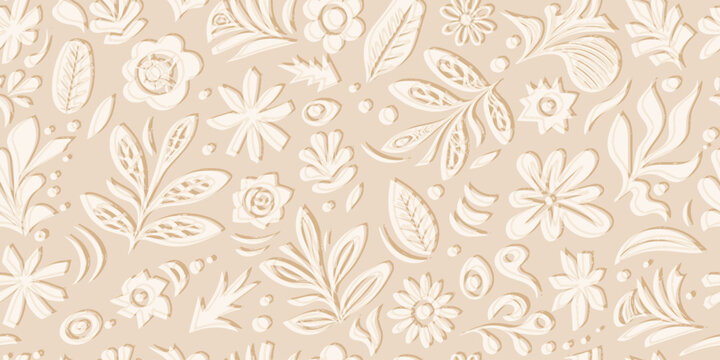 Hand drawn plant elements, flowers and leaves, seamless pattern, vector design