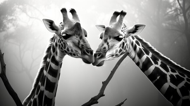 Two giraffes are kissing on a branch
