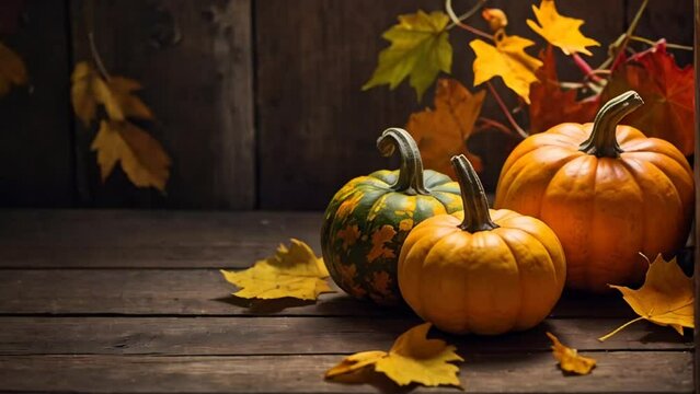 beautiful pumpkins, autumn leaves on a wooden background