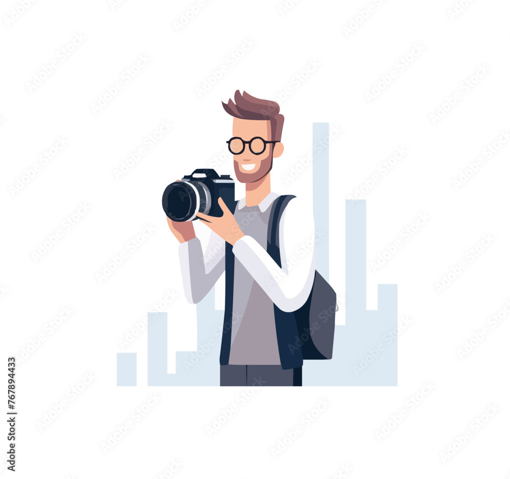 Poster man with camera vector flat minimalistic isolated illustration