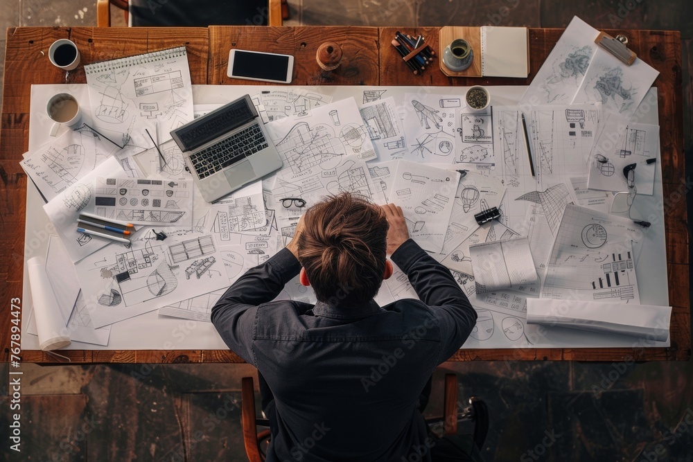 Poster businessman works on a sketches of a startup creative project. generative ai