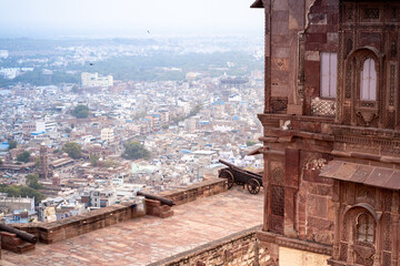 Wide shot showing the stone walls of mehrangarh amer fort in Jaipur jodhpur with wide ramparts and...