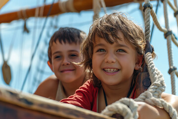 Photo of A pirate ship with two children of swashbuckling characters