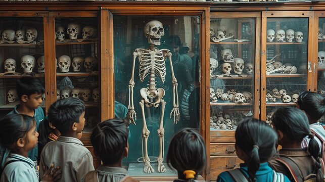 In the school's biology lab, a small group of Indian students are observing a skull against lab in the background, Generative AI.