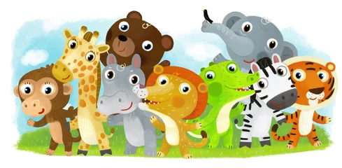 Fotobehang Cartoon zoo scene with zoo animals friends together in amusement park on white background with space for text illustration for children © honeyflavour