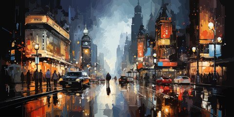 painting of modern urban city at night ,illustration --ar 4:2 --stylize 7 - obrazy, fototapety, plakaty