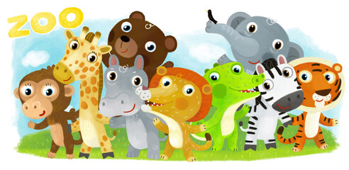 Cartoon zoo scene with zoo animals friends together in amusement park on white background with space for text illustration for children