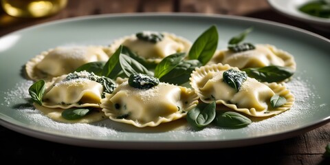 A Plate of Delicious Ravioli with Spinach. A close-up photo of a white plate filled with pillowy ravioli in a creamy tomato sauce. The ravioli are topped with fresh green spinach leaves