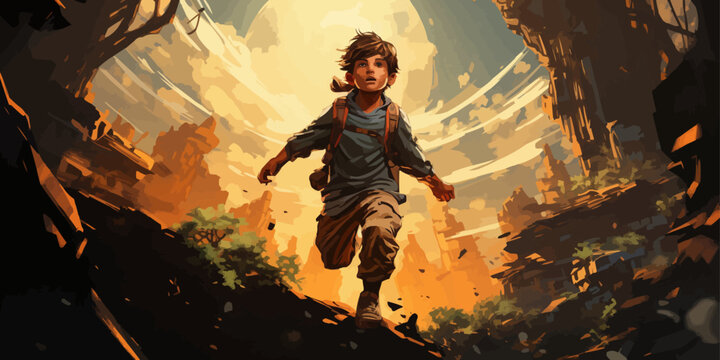 A kid jumping down from a rock in the forest, digital art style, illustration painting -