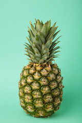 Ripe pineapple on mint background. Vertical photo.