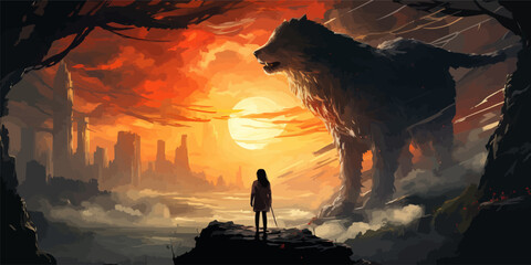 woman and wolf standing on the top of the mountain looking at the sunset., digital art style, illustration painting - obrazy, fototapety, plakaty