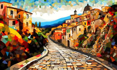 stylized digital painting of rural Italy, town kaleidoscope cobblestone vivid colors panorama rural vector - obrazy, fototapety, plakaty