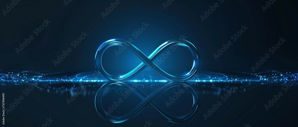 Poster 3d blue infinity symbol made of dynamic glowing lines on black background with reflection .