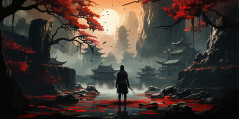 samurai standing in waterfall garden with swords on the ground, digital art style, illustration painting