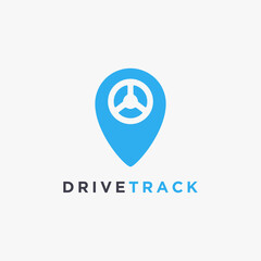 Driving track logo icon, map pin symbol and steering wheel logo, map pin logo icon on white background